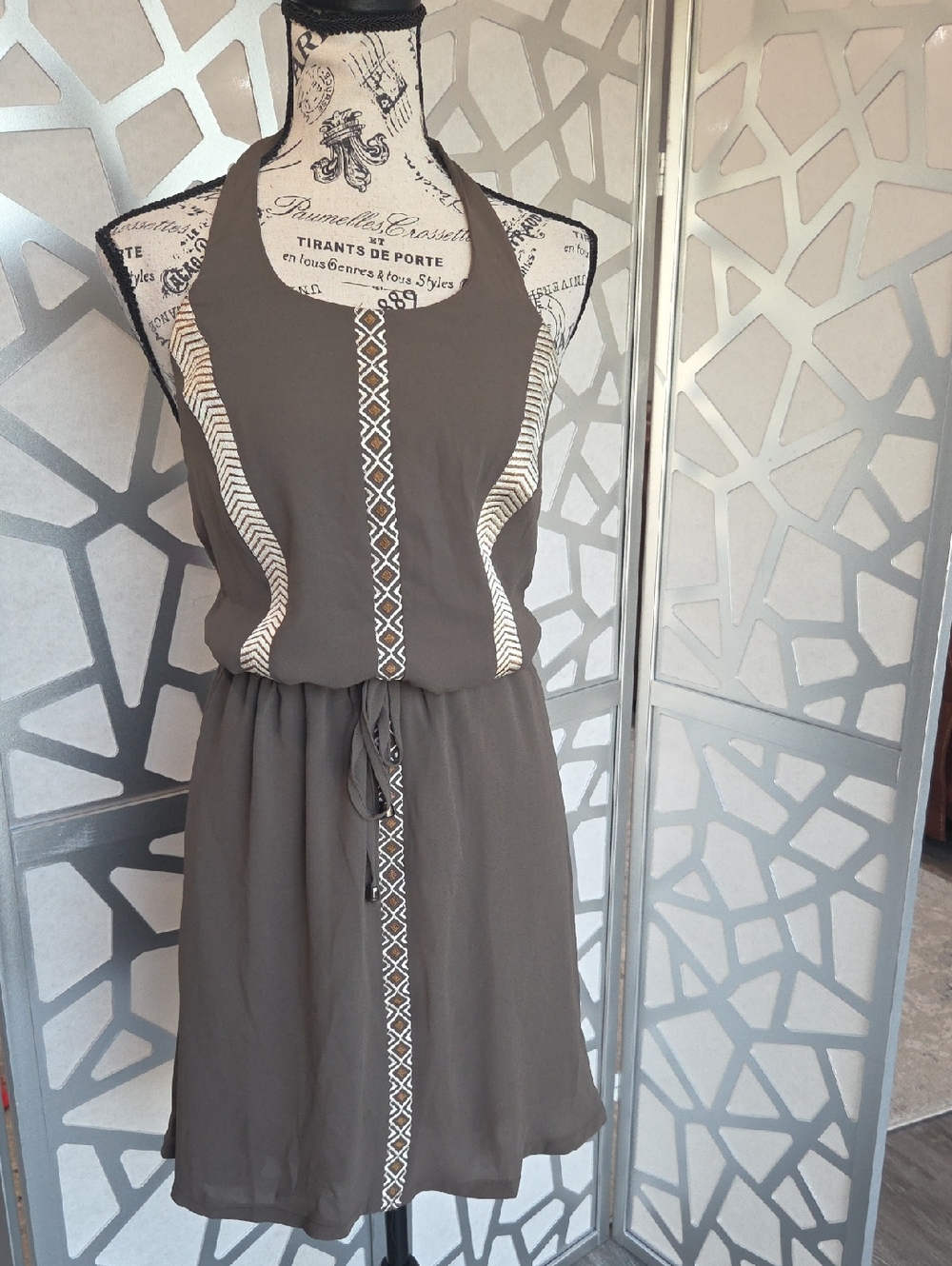 C. Luce Olive Taupe Halter Mini Dress with White Trim